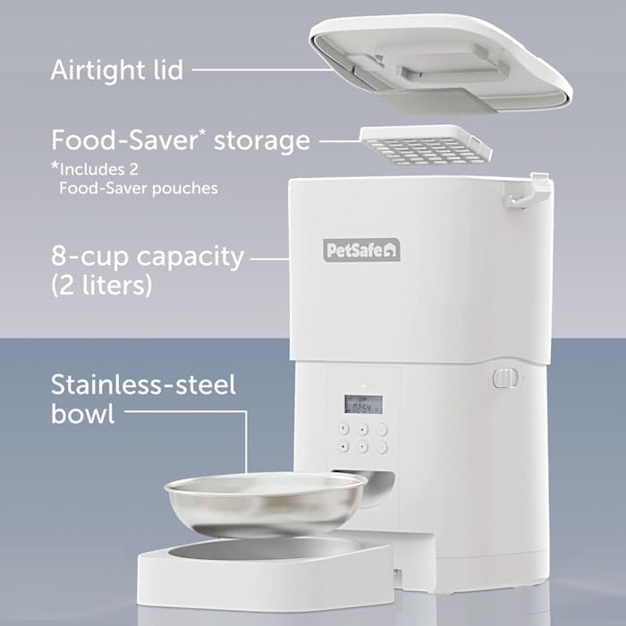 PetSafe Timed Cat and Small Dog Feeder with Portion Control FlexFeed Automatic Pet Feeder 8 Cups/2L White 4 lbs.