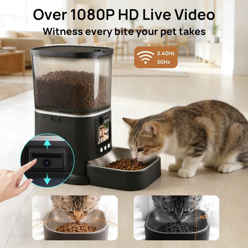 5L Automatic Cat Feeder with Camera, Two-Way Video 3MP HD & Audio, 5G WiFi Automatic Dog Feeder with Night Vision, Cat Food Dispenser with Dog Food Container for Multiple Pets