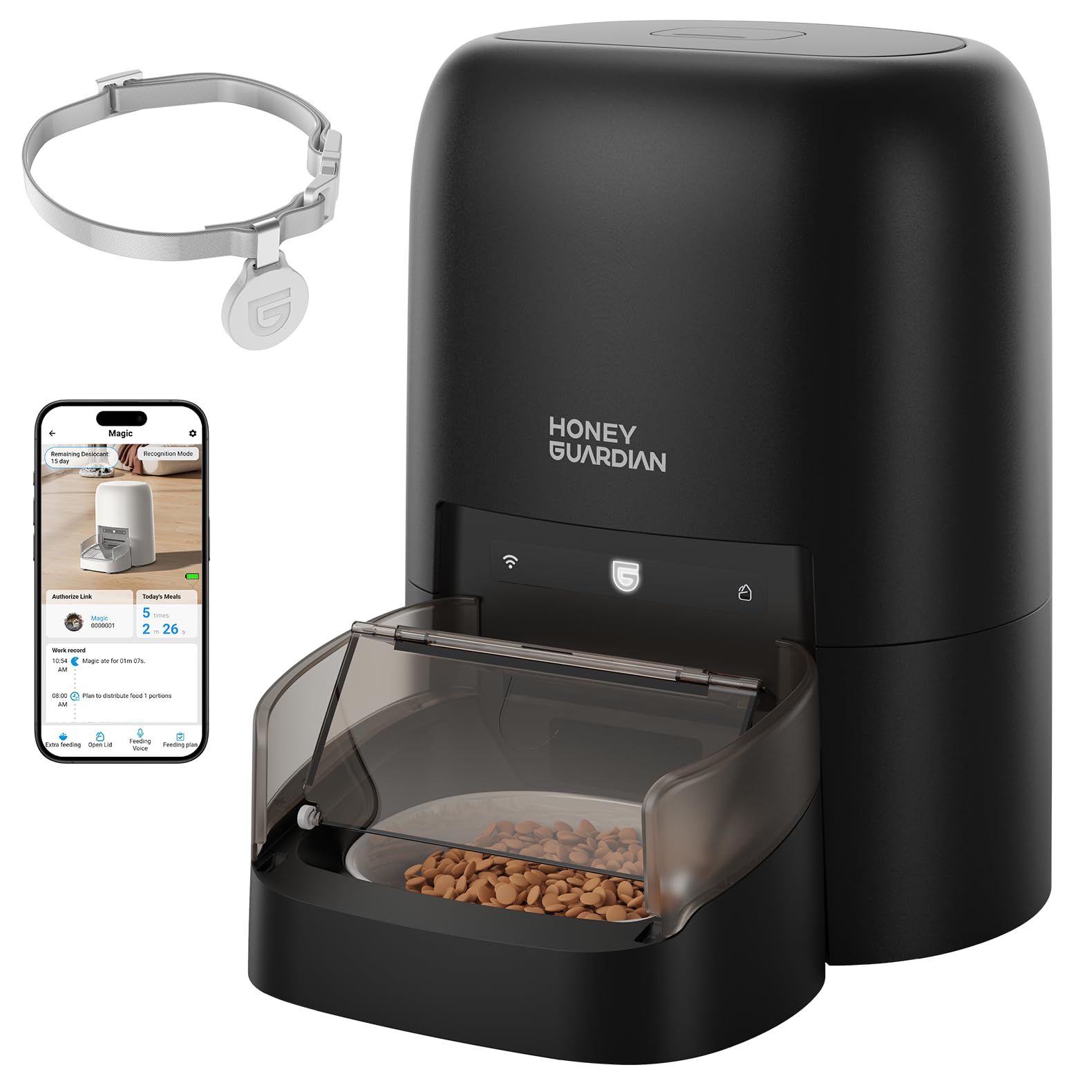 HoneyGuaridan RFID Automatic Cat Feeder with Collar Tag-Activated Personalized Meal, 4.6L 5G WiFi APP Control Cat Food Dispenser with Diet Tracking and Anti-theft for Multi Pet Home and Different Diet