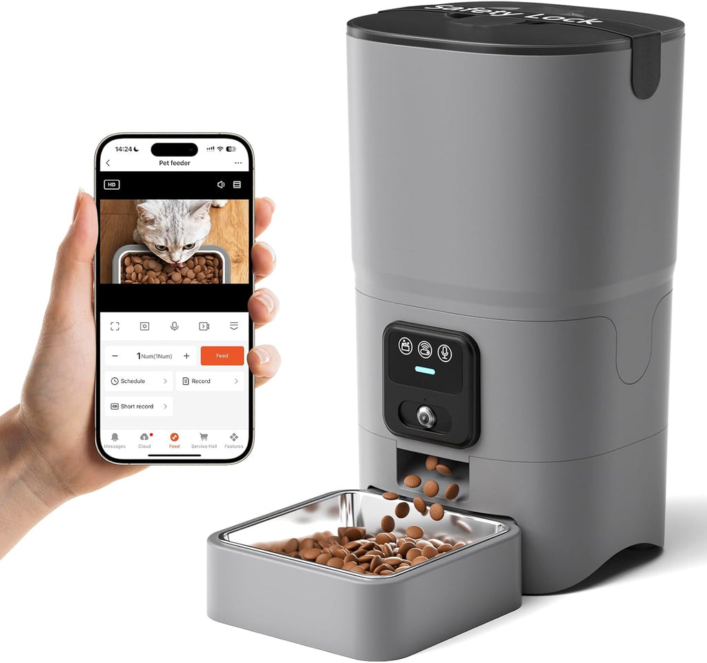 PAPIFEED Automatic Cat Feeder with Camera, 1080P HD & Night Vision, 6L Cat Food Dispenser with App, 5G WiFi Timed Cat Feeder for Dry Food, 2-Way Audio, Smart Pet Feeder for Dog, 1-10 Meals/Day, Grey