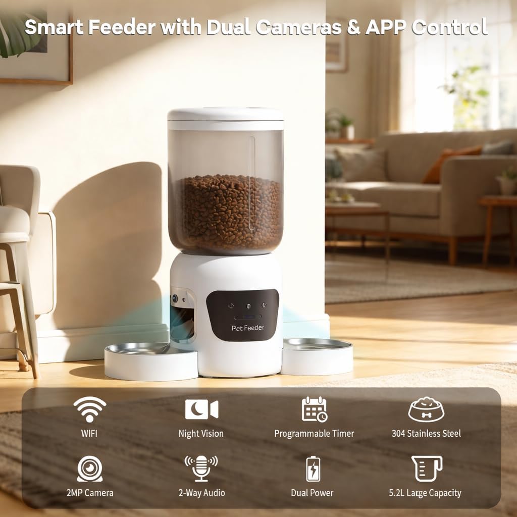 Automatic Cat Feeder with Camera, 5.2L Smart Cat Food Dispenser for Multi-Pet Homes, 170° Wide Angle Night Vision Auto Cat Feeder for Cats and Dogs, 5G WiFi App Remote Control for Busy Families, White