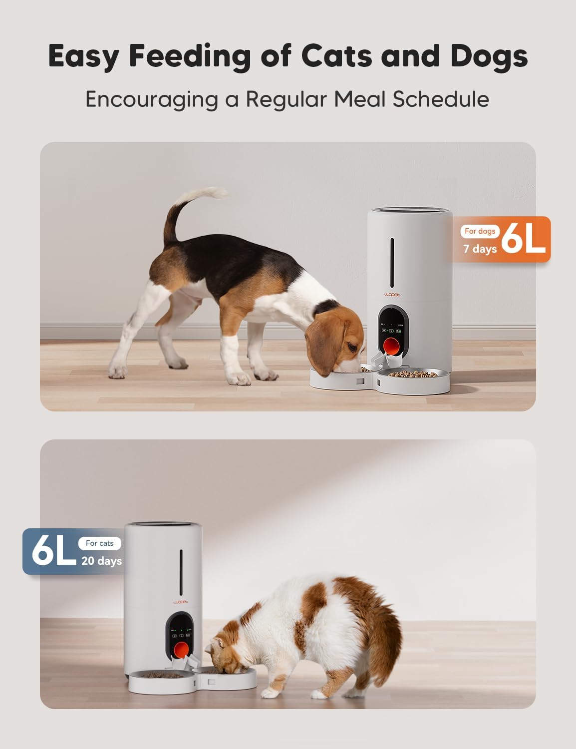 WOPET Automatic Cat Feeder, 5G WiFi Pet Feeder for Two Cats or Dogs with Remote Control, 6L Cat Food Dispenser with Low Food Sensor, 1-10 Meals Per Day, Up to 10s Meal Call for Pets