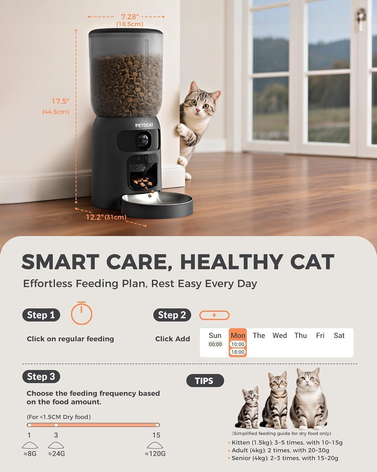 PETOCAT AI Automatic Cat Feeder with 2K HD Dual Cameras,5G&2.4G Wi-Fi 6L Cat Food Dispenser with Cats Recognition& Diet Tracking, Laser Interactive Toy & Two-Way Audio
