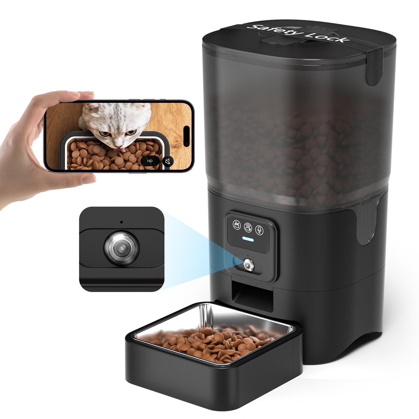 PAPIFEED Automatic Cat Feeder with Camera, 6L Cat Food Dispenser with App, 2.4G WiFi Timed Cat Feeder for Dry Food, 2-Way Audio, Smart Pet Feeder for Small Dog, 10 Meals/Day, 12 Portions/Meal