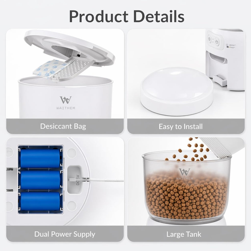 Waithem Wi-Fi Automatic Pet Feeder for Cats&Dogs, Timed Dry Food Dispenser with App Programmable Portion Control, Up to 10 Meals Per Day, Dual Power Supply, 5G/2.4G WLAN, Desiccant Bag Included