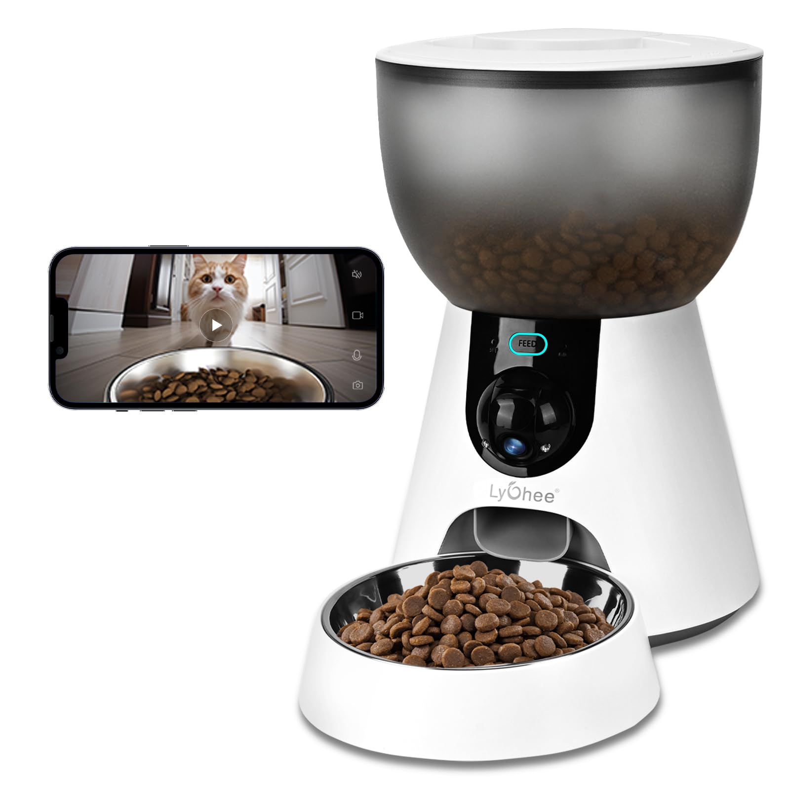 Lychee Automatic Cat Feeder with Camera, 5G WiFi Pet Feeder, 1080P HD Video with Night Vision,2-Way Audio Smart App Control, 2.8L Dry Food Dispenser for Cats and Samll Dog