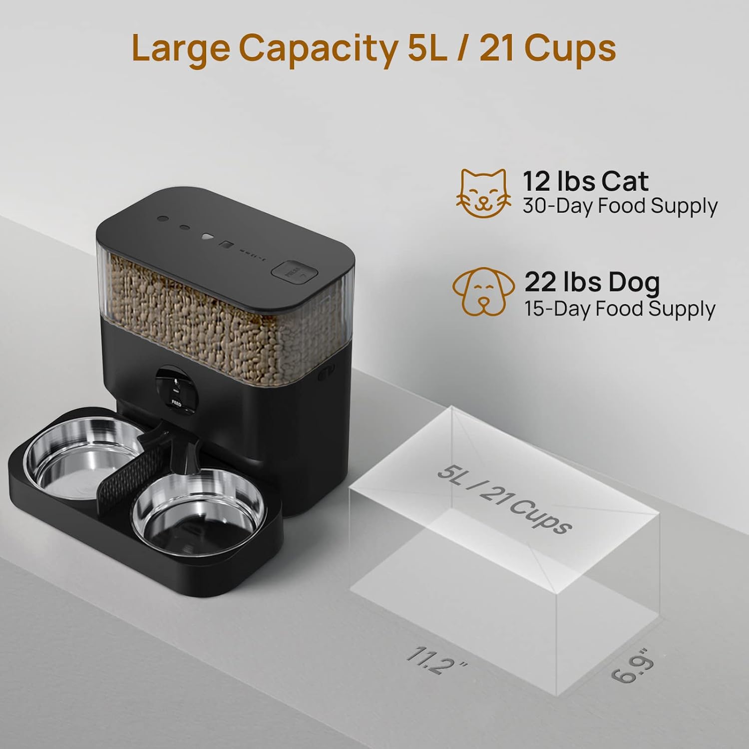 iPettie W5 Automatic WiFi Pet Feeder for 2 Pets, 5L Capacity, 2.4G WiFi App Control for Cats and Small Dogs