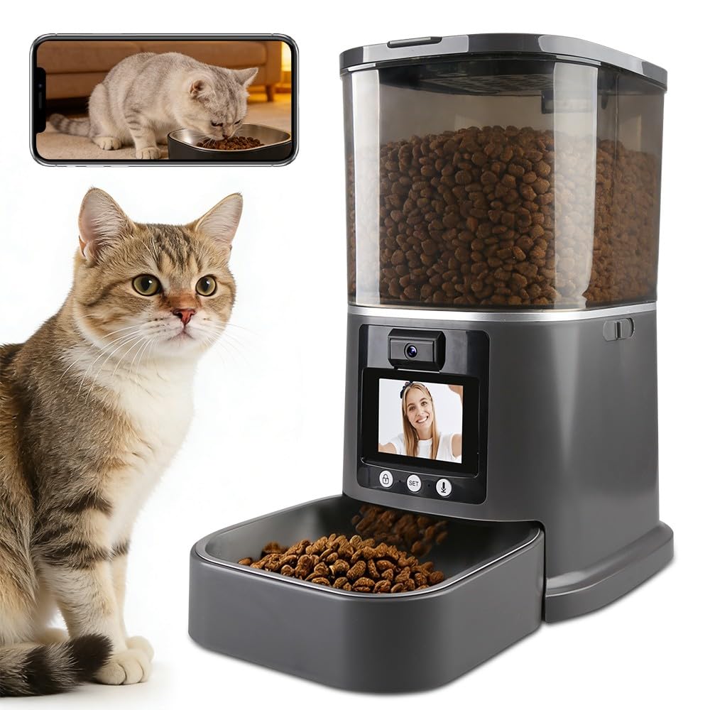 5L Automatic Cat Feeder with Camera, Two-Way Video 3MP HD & Audio, 5G WiFi Automatic Dog Feeder with Night Vision, Cat Food Dispenser with Dog Food Container for Multiple Pets