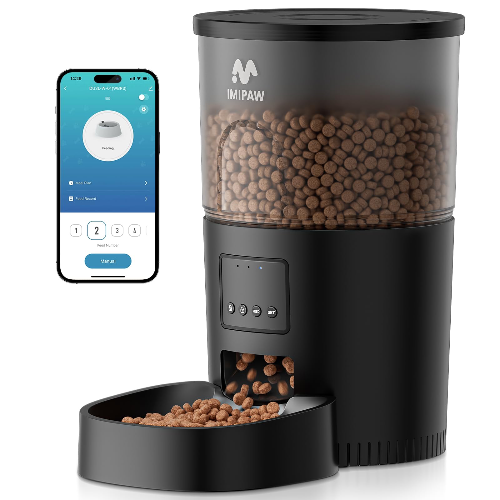 IMIPAW Automatic Cat Feeder with Camera - AI Pet Recognition & Recording, Night Vision, 5G WiFi APP Remote Control, Two-Way Audio & Desiccant Bag, Timed Programmable Food Dispenser for Small Pets