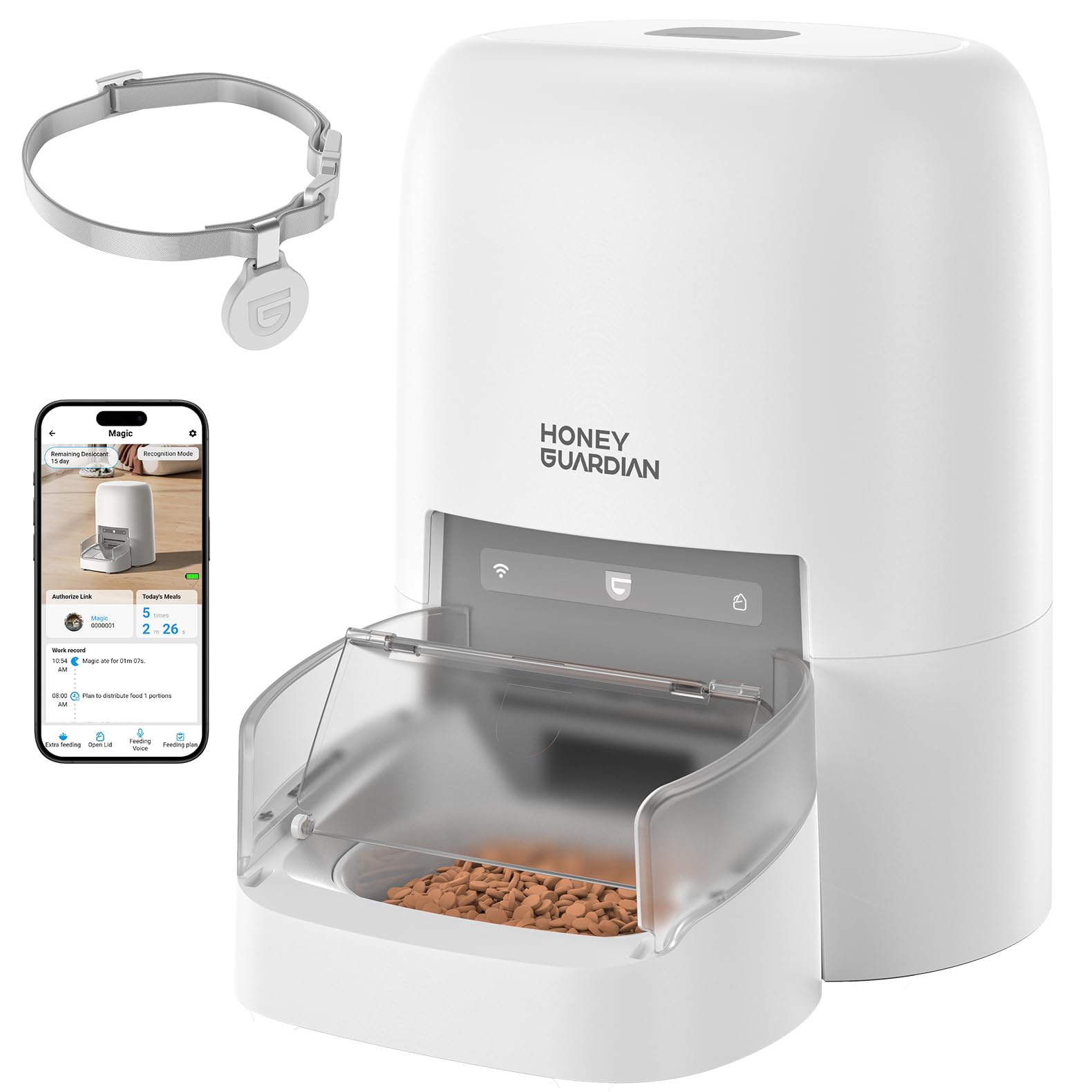 HoneyGuaridan RFID Automatic Cat Feeder with Collar Tag-Activated Personalized Meal, 4.6L 5G WiFi APP Control Cat Food Dispenser with Diet Tracking and Anti-theft for Multi Pet Home and Different Diet