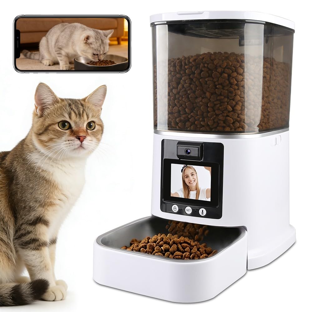 5L Automatic Cat Feeder with Camera, Two-Way Video 3MP HD & Audio, 5G WiFi Automatic Dog Feeder with Night Vision, Cat Food Dispenser with Dog Food Container for Multiple Pets