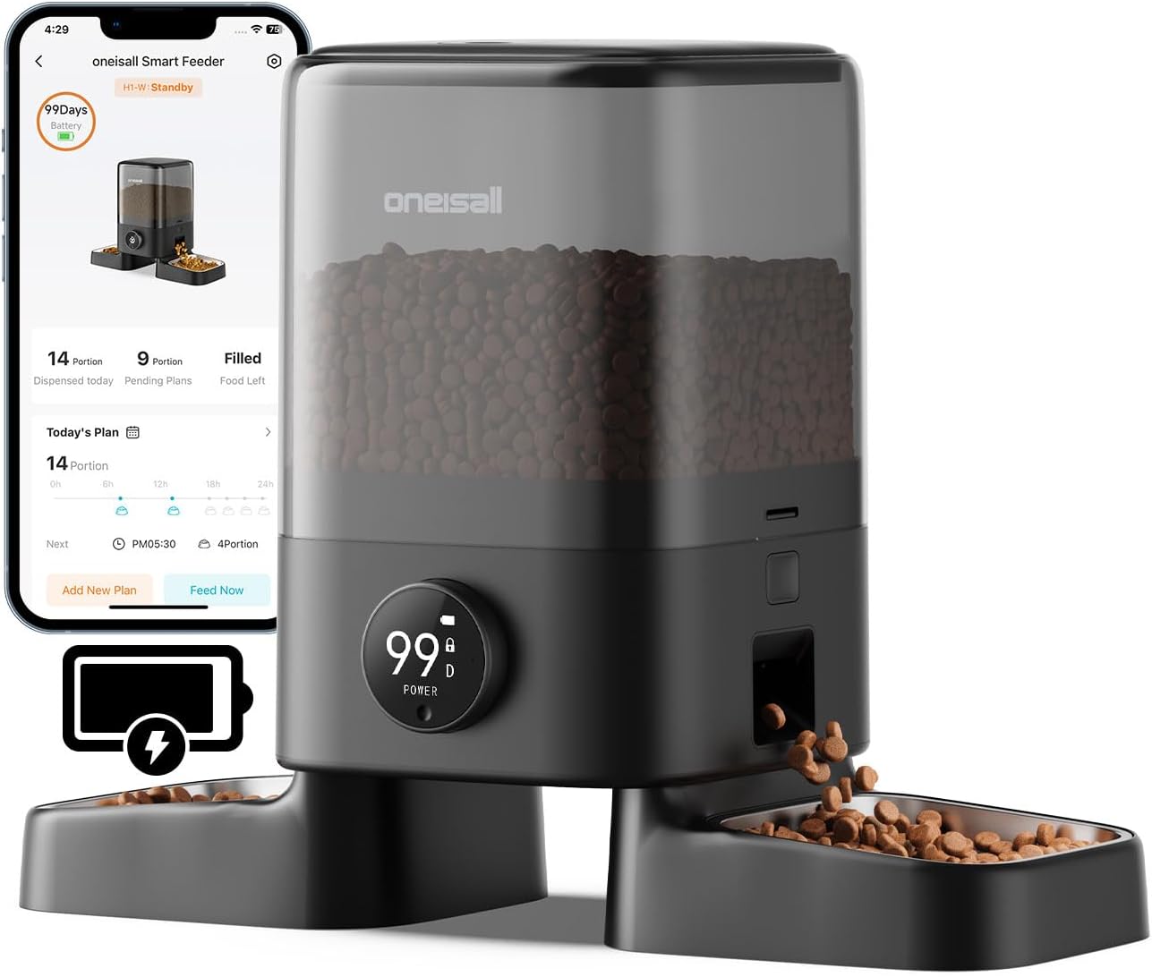 oneisall Cordless 2.4Ghz WiFi Automatic Cat Feeder for 2 Cats, Rechargeable 100-Day Battery Operated Auto Cat Feeder, 20 Cups/5L Timed Cats Food Dispenser Automatic for Large Kibble, Smart App Control
