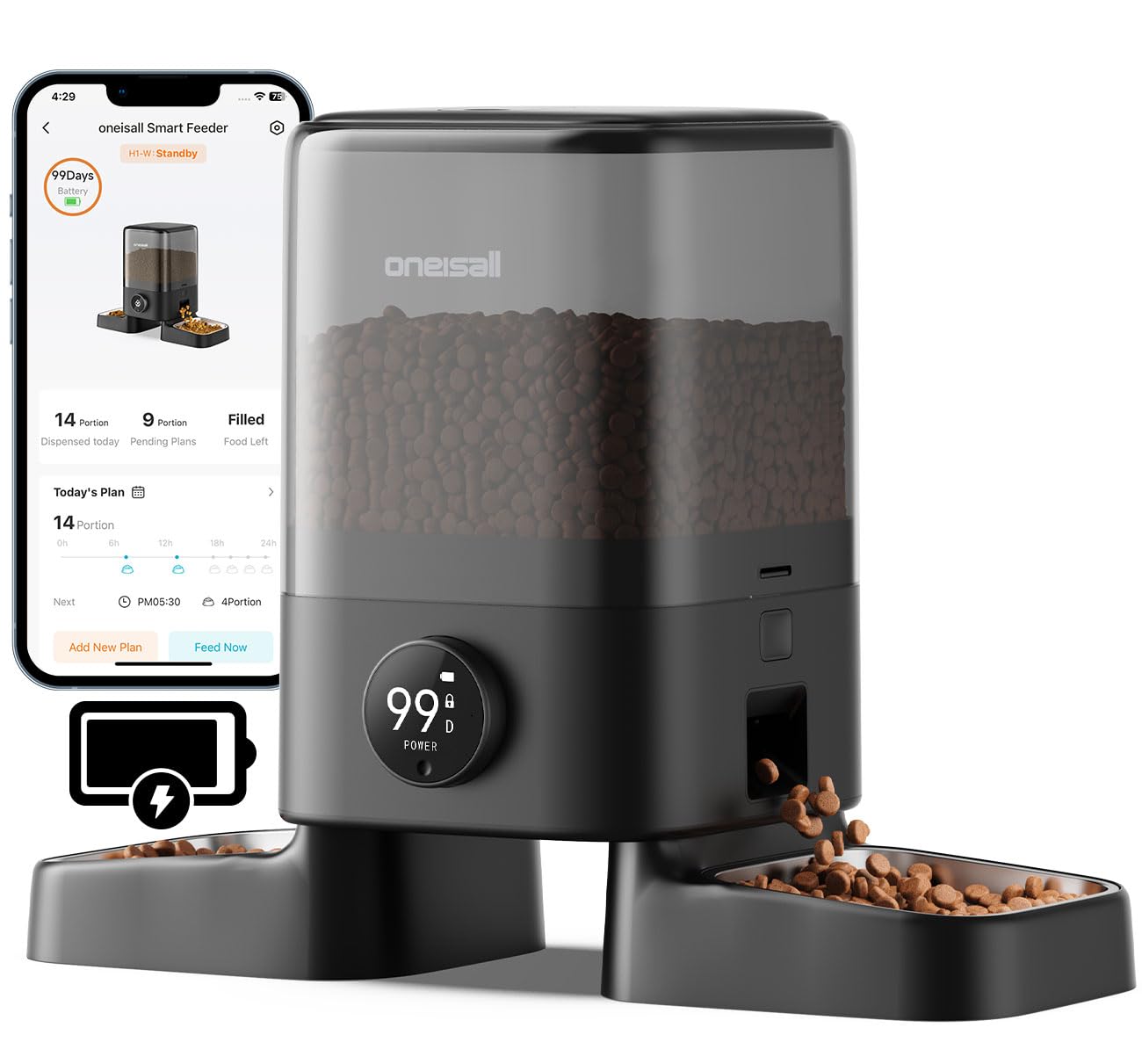oneisall Cordless 2.4Ghz WiFi Automatic Cat Feeder for 2 Cats, Rechargeable 100-Day Battery Operated Auto Cat Feeder, 20 Cups/5L Timed Cats Food Dispenser Automatic for Large Kibble, Smart App Control