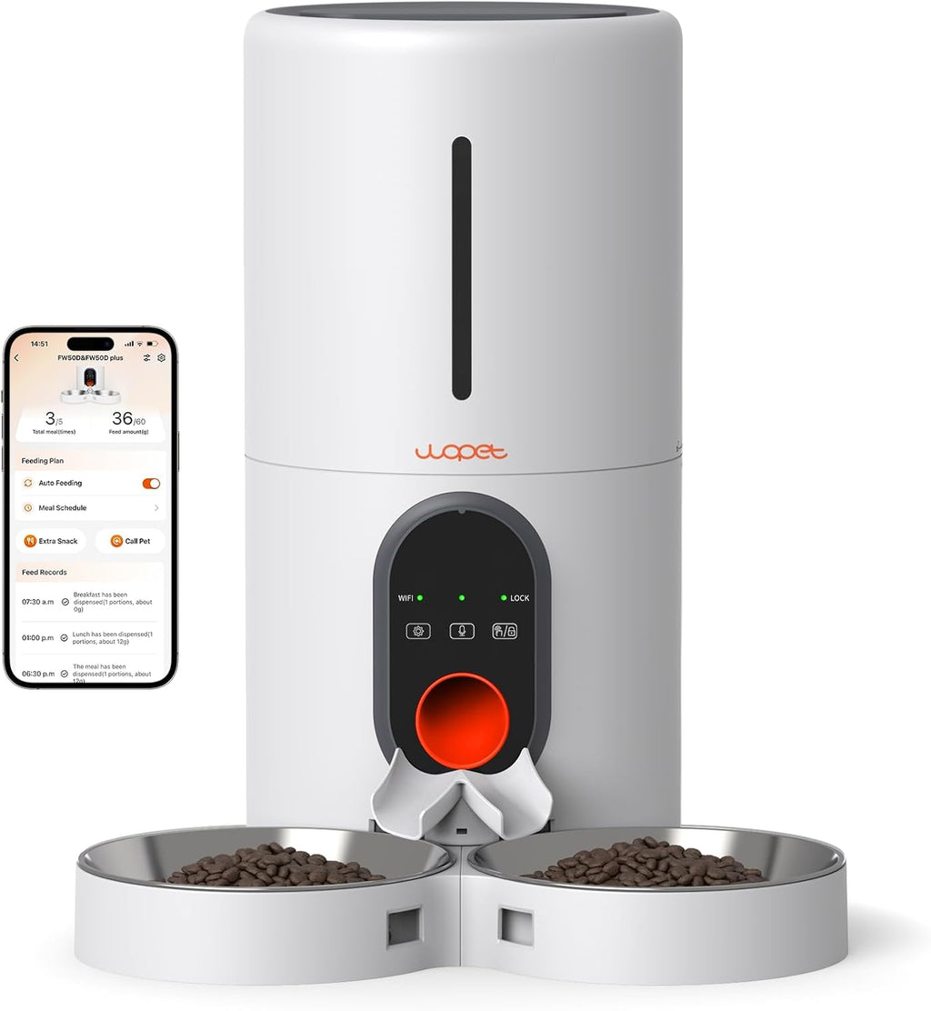 WOPET Automatic Cat Feeder, 5G WiFi Pet Feeder for Two Cats or Dogs with Remote Control, 6L Cat Food Dispenser with Low Food Sensor, 1-10 Meals Per Day, Up to 10s Meal Call for Pets