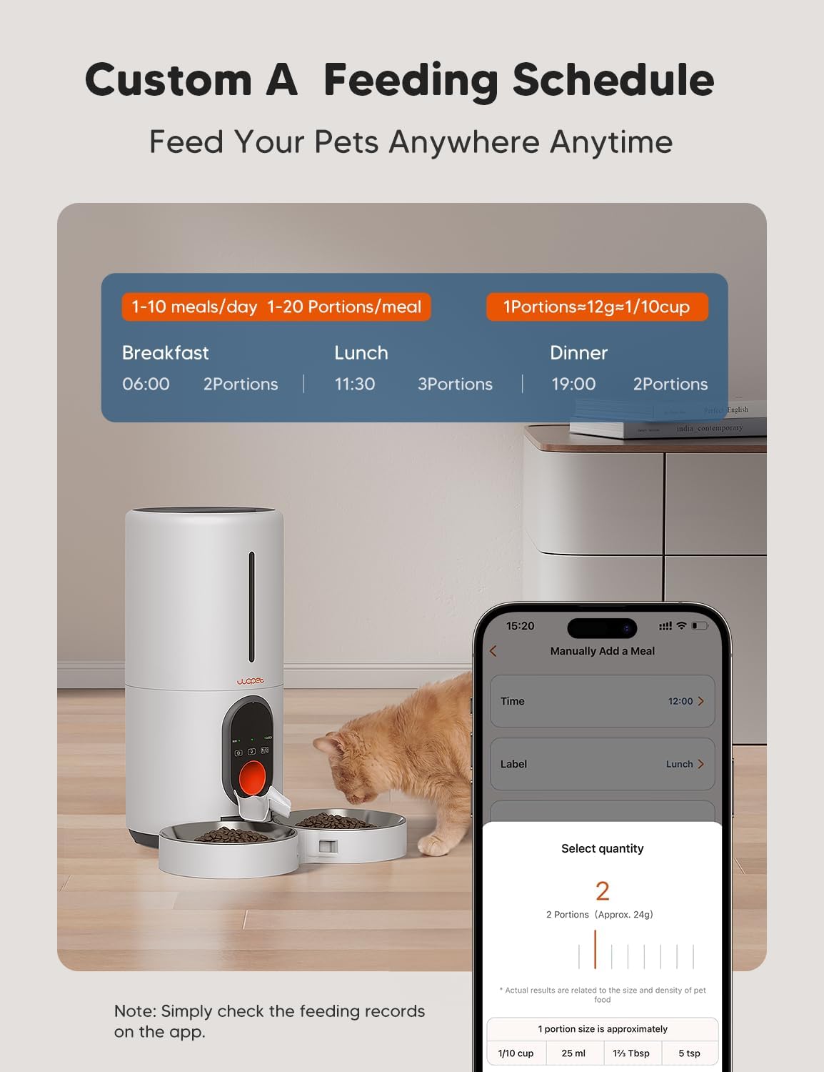 WOPET Automatic Cat Feeder, 5G WiFi Pet Feeder for Two Cats or Dogs with Remote Control, 6L Cat Food Dispenser with Low Food Sensor, 1-10 Meals Per Day, Up to 10s Meal Call for Pets