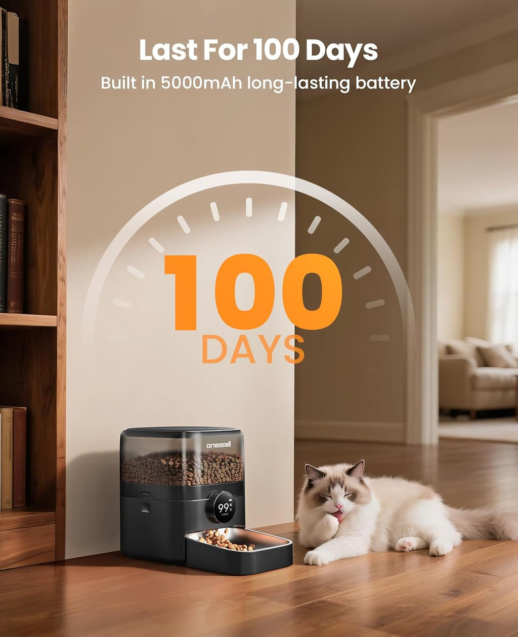 oneisall Automatic Cat Feeder, WiFi Rechargeable 100-Day Battery Operated Pet Feeder, 12 Cups/3L Dry Food Dispenser for Large Kibble, Smart App Control (Black)