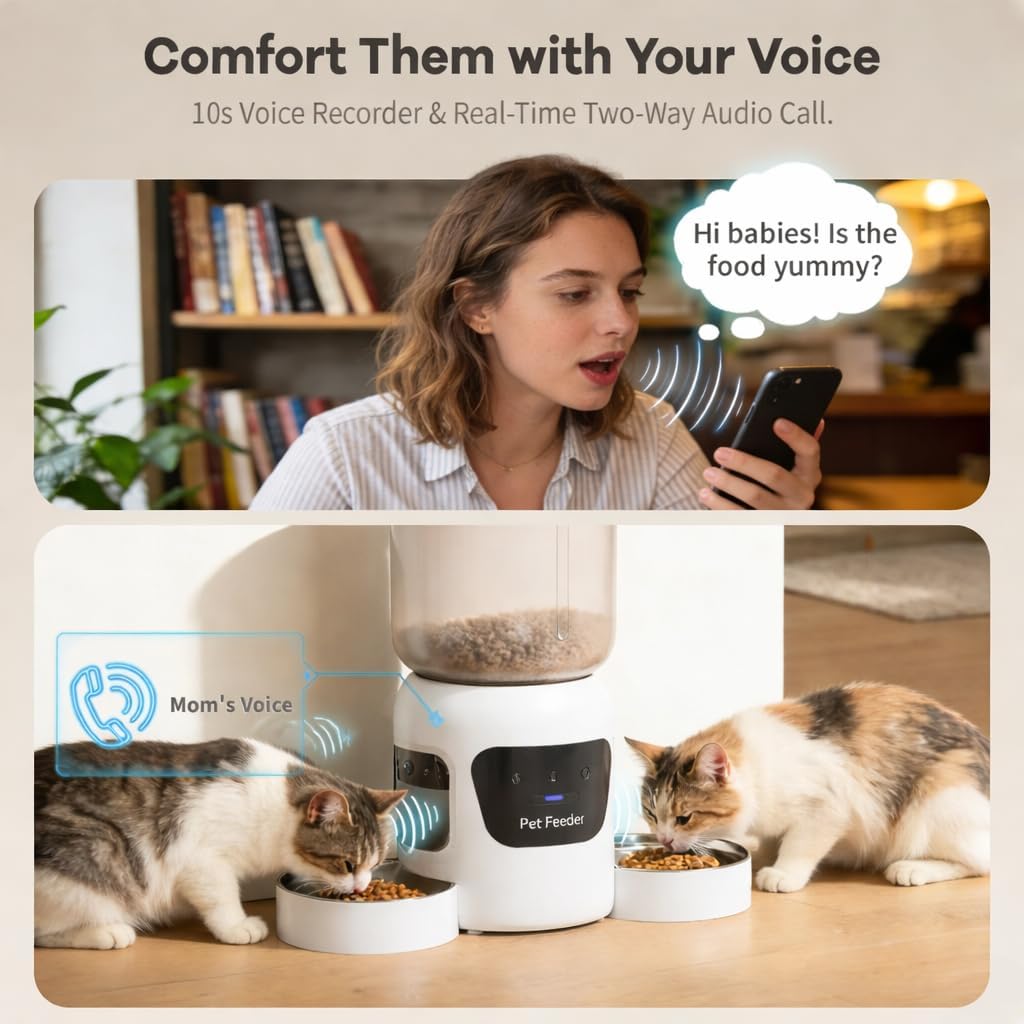Automatic Cat Feeder with Camera, 5.2L Smart Cat Food Dispenser for Multi-Pet Homes, 170° Wide Angle Night Vision Auto Cat Feeder for Cats and Dogs, 5G WiFi App Remote Control for Busy Families, White
