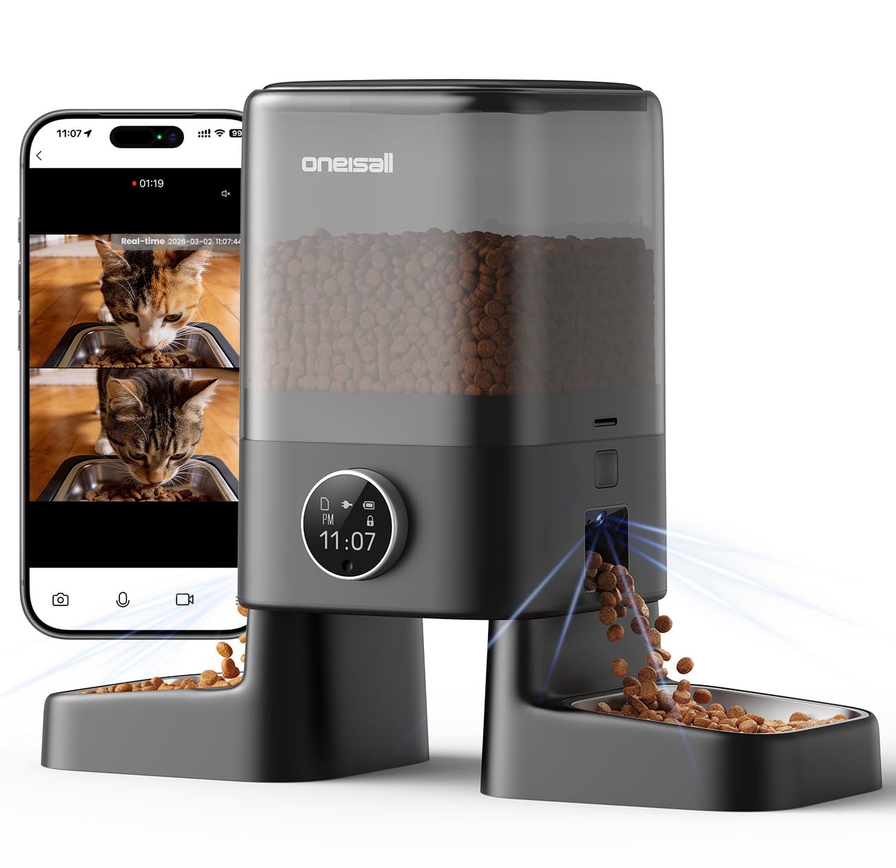 oneisall Cordless 2.4Ghz WiFi Automatic Cat Feeder for 2 Cats, Rechargeable 100-Day Battery Operated Auto Cat Feeder, 20 Cups/5L Timed Cats Food Dispenser Automatic for Large Kibble, Smart App Control