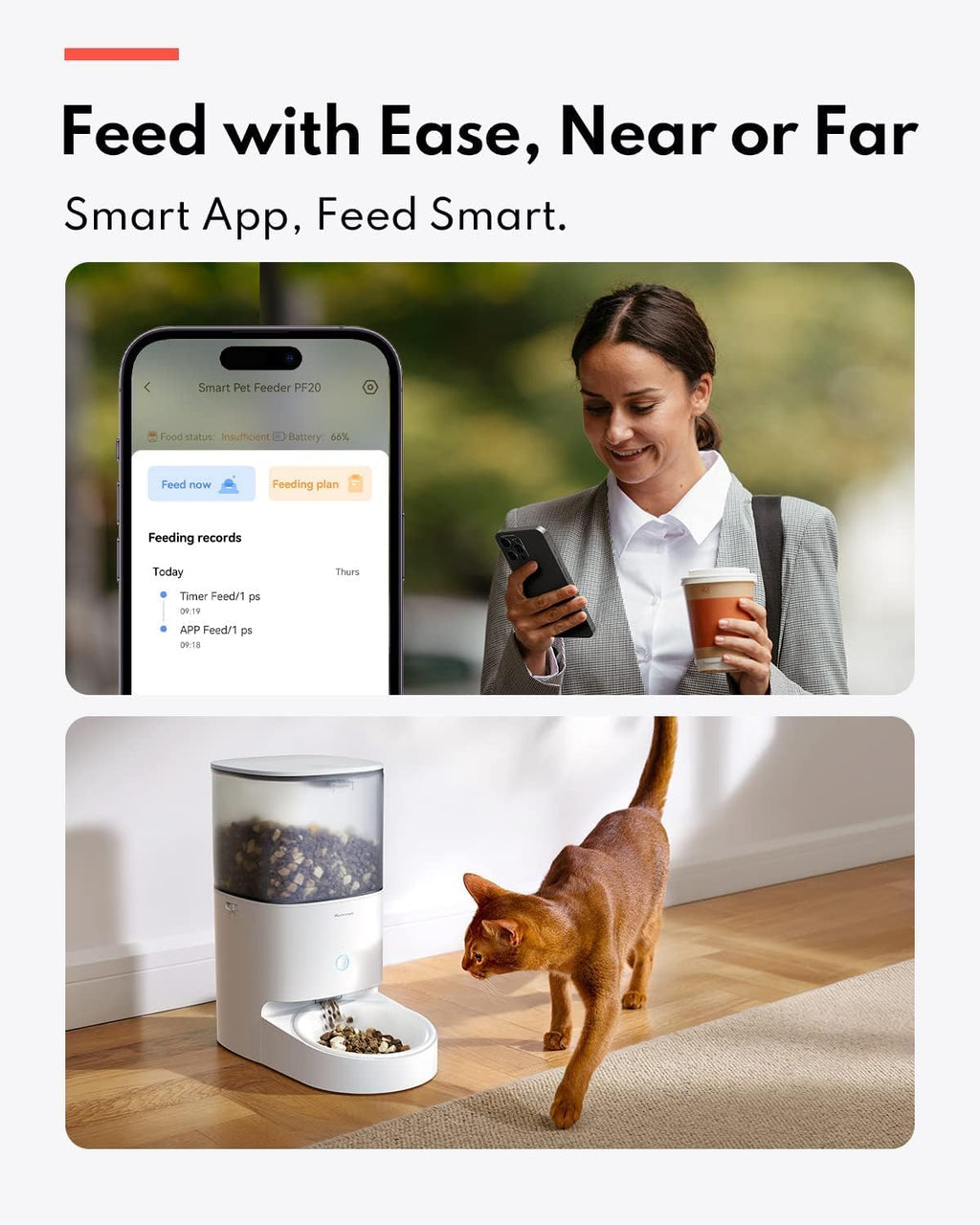 Homerunpet Automatic Cat Feeder - 4L Timed Pet Feeder, No Jam Freeze Dried Safe, WiFi & Bluetooth App Control, 30-Day Freshness for Cats and Small Dogs, Porcelain Bowl