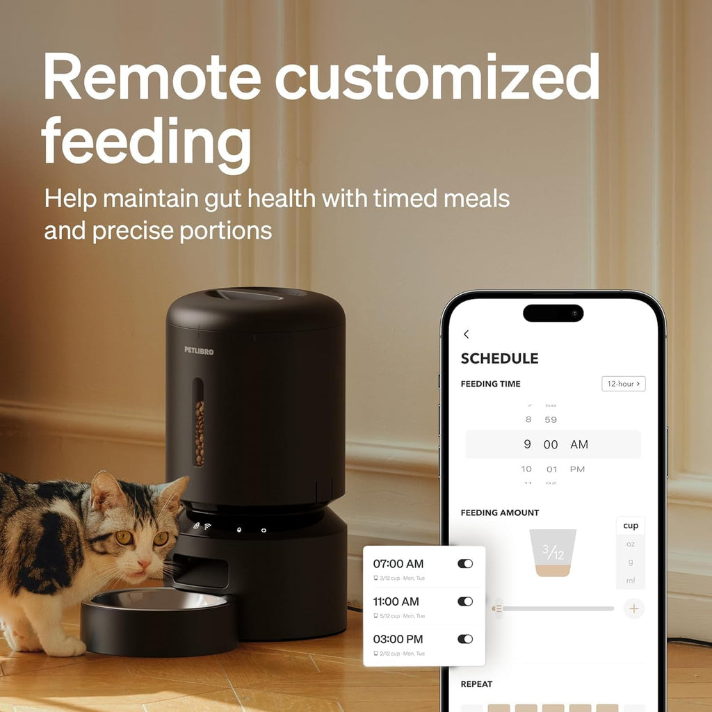 PETLIBRO Automatic Cat Feeders, WiFi Automatic Dog Feeder with APP Control, 3L Timed Cat Food Dispenser, Up to 10 Meals Per Day, Low Food Sensor, Stainless Steel Bowl, Easy to Clean, 5G & 2.4G, Black