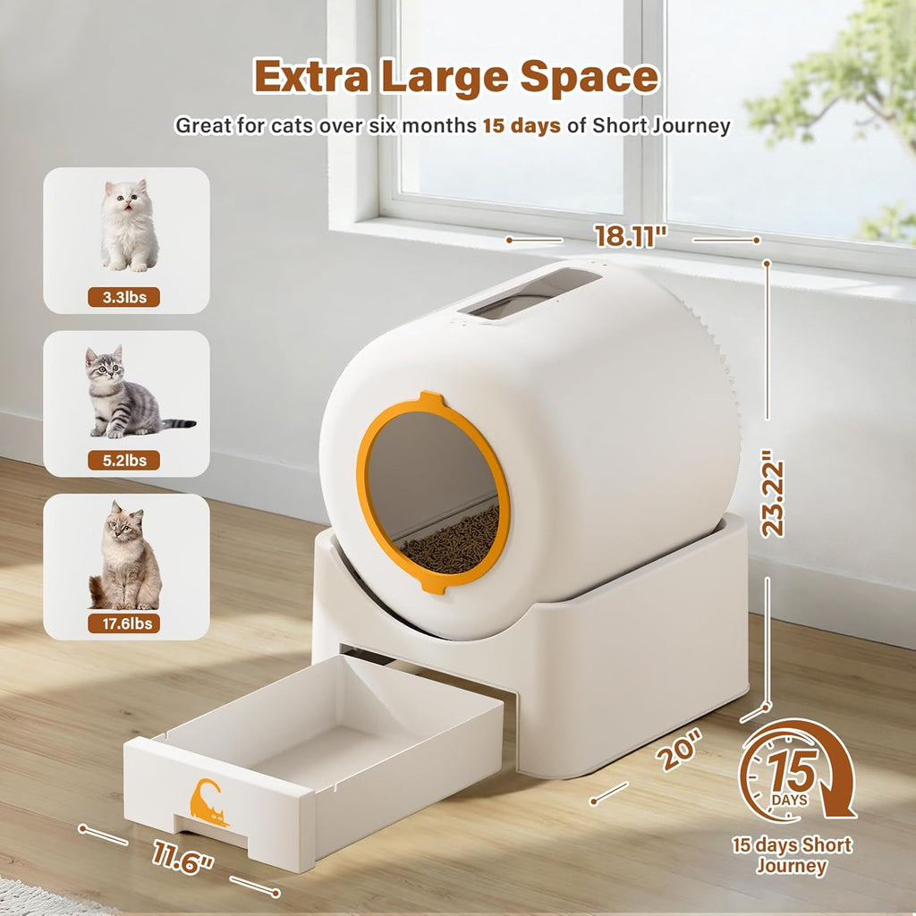 Automatic Self Cleaning Cat Litter Box, 75 L Large Capacity Smart Litter Box with Safety Sensors 1 Roll Trash Bags Included Whisper Quiet Cat Litter Box with App Remote Control for Multi Cats, White