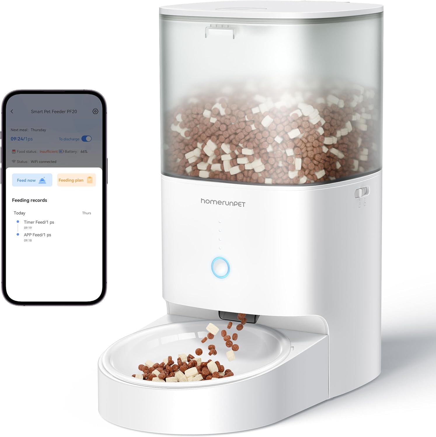 Homerunpet Automatic Cat Feeder - 4L Timed Pet Feeder, No Jam Freeze Dried Safe, WiFi & Bluetooth App Control, 30-Day Freshness for Cats and Small Dogs, Porcelain Bowl