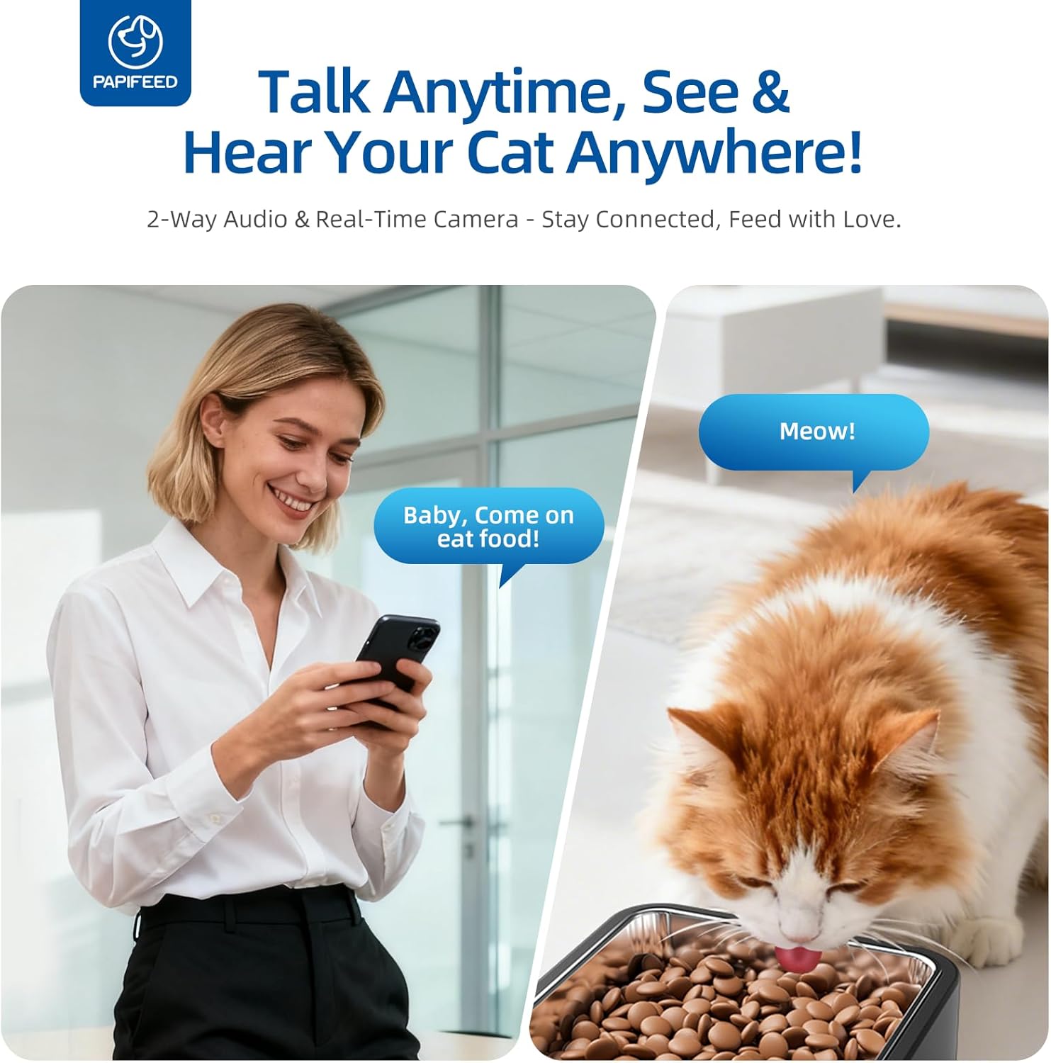 PAPIFEED Automatic Cat Feeder with Camera, 6L Cat Food Dispenser with App, 2.4G WiFi Timed Cat Feeder for Dry Food, 2-Way Audio, Smart Pet Feeder for Small Dog, 10 Meals/Day, 12 Portions/Meal