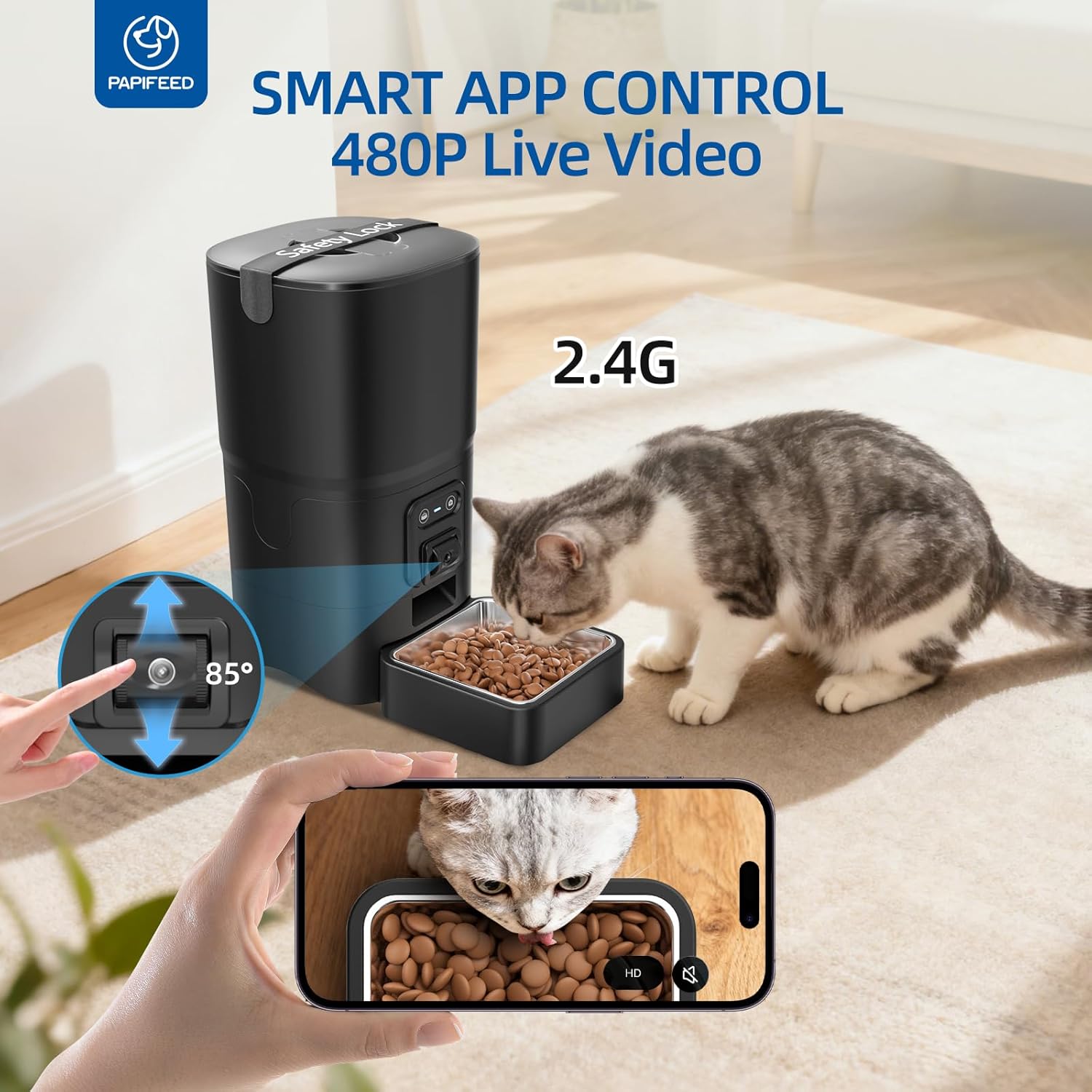 PAPIFEED Automatic Cat Feeder with Camera, 6L Cat Food Dispenser with App, 2.4G WiFi Timed Cat Feeder for Dry Food, 2-Way Audio, Smart Pet Feeder for Small Dog, 10 Meals/Day, 12 Portions/Meal