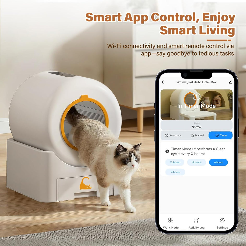 Automatic Self Cleaning Cat Litter Box, 75 L Large Capacity Smart Litter Box with Safety Sensors 1 Roll Trash Bags Included Whisper Quiet Cat Litter Box with App Remote Control for Multi Cats, White
