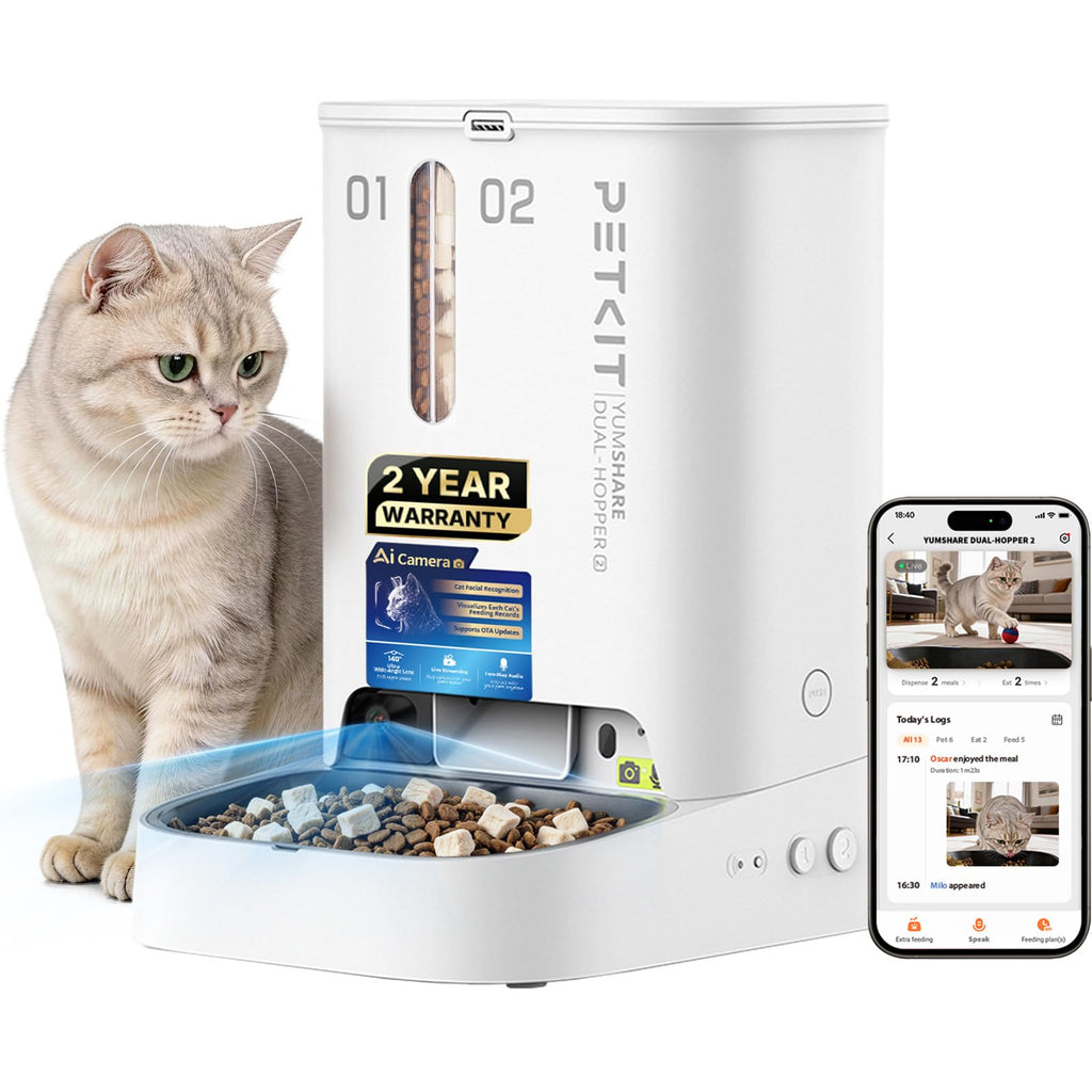 PETKIT Automatic Cat Feeder with Camera, Upgraded Multi-Cat Recognition, Night Vision,2.4G&5G WiFi Dog Feeder with Freshness Lock,5L Timed Dual Hopper Food Dispenser with Low Food Sensor