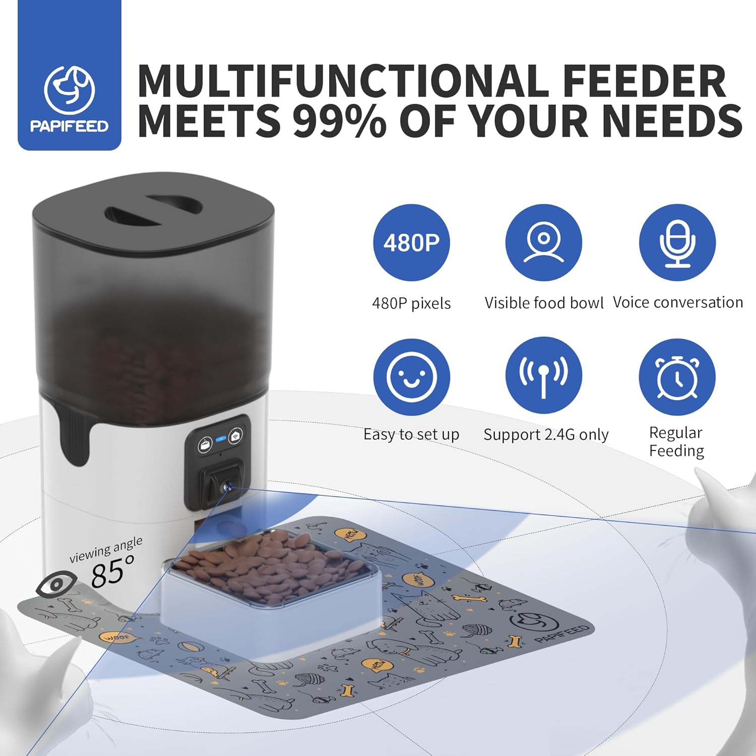PAPIFEED Automatic Cat Feeder with Camera, ‌Adjustable Angle 2.4G WiFi/App Pet Food Dispenser, 6L Timed Dispenser with Two-Way Audio, Auto Pet Feeder with Mat for Cat & Dog, 1-10 Meals Per Day