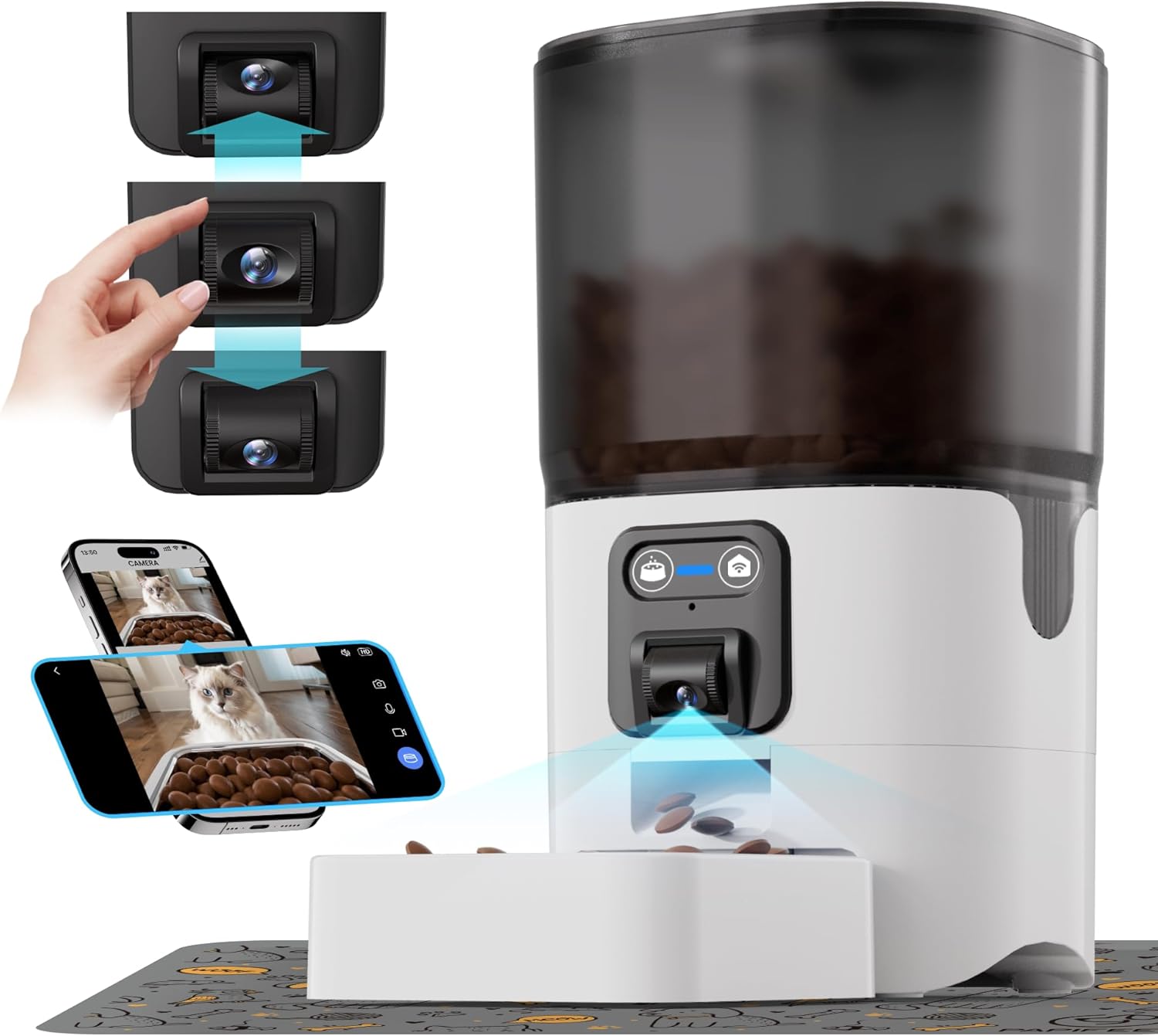 PAPIFEED Automatic Cat Feeder with Camera, ‌Adjustable Angle 2.4G WiFi/App Pet Food Dispenser, 6L Timed Dispenser with Two-Way Audio, Auto Pet Feeder with Mat for Cat & Dog, 1-10 Meals Per Day