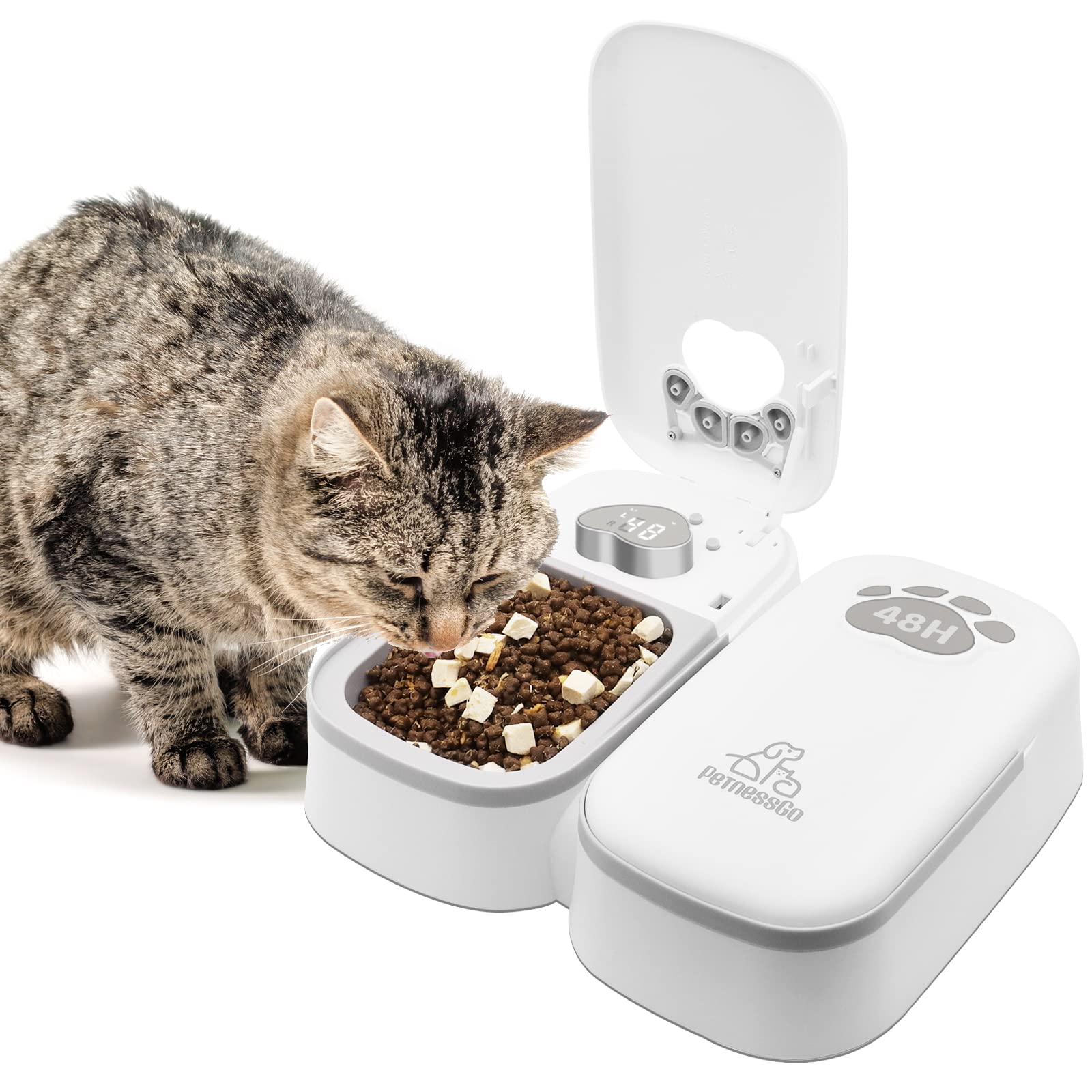 Automatic Wet Food Cat Feeder, 1-48 Hours Smart Timer Pet Feeder with LED Display for 2 Cats, Dry or Semi-Moist Pet Food Dispenser for Kitten and Puppy