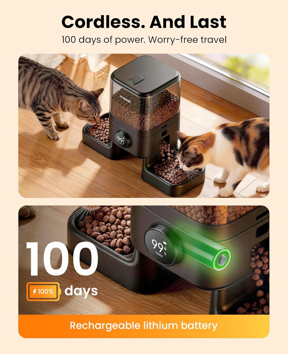 oneisall Cordless 2.4Ghz WiFi Automatic Cat Feeder for 2 Cats, Rechargeable 100-Day Battery Operated Auto Cat Feeder, 20 Cups/5L Timed Cats Food Dispenser Automatic for Large Kibble, Smart App Control