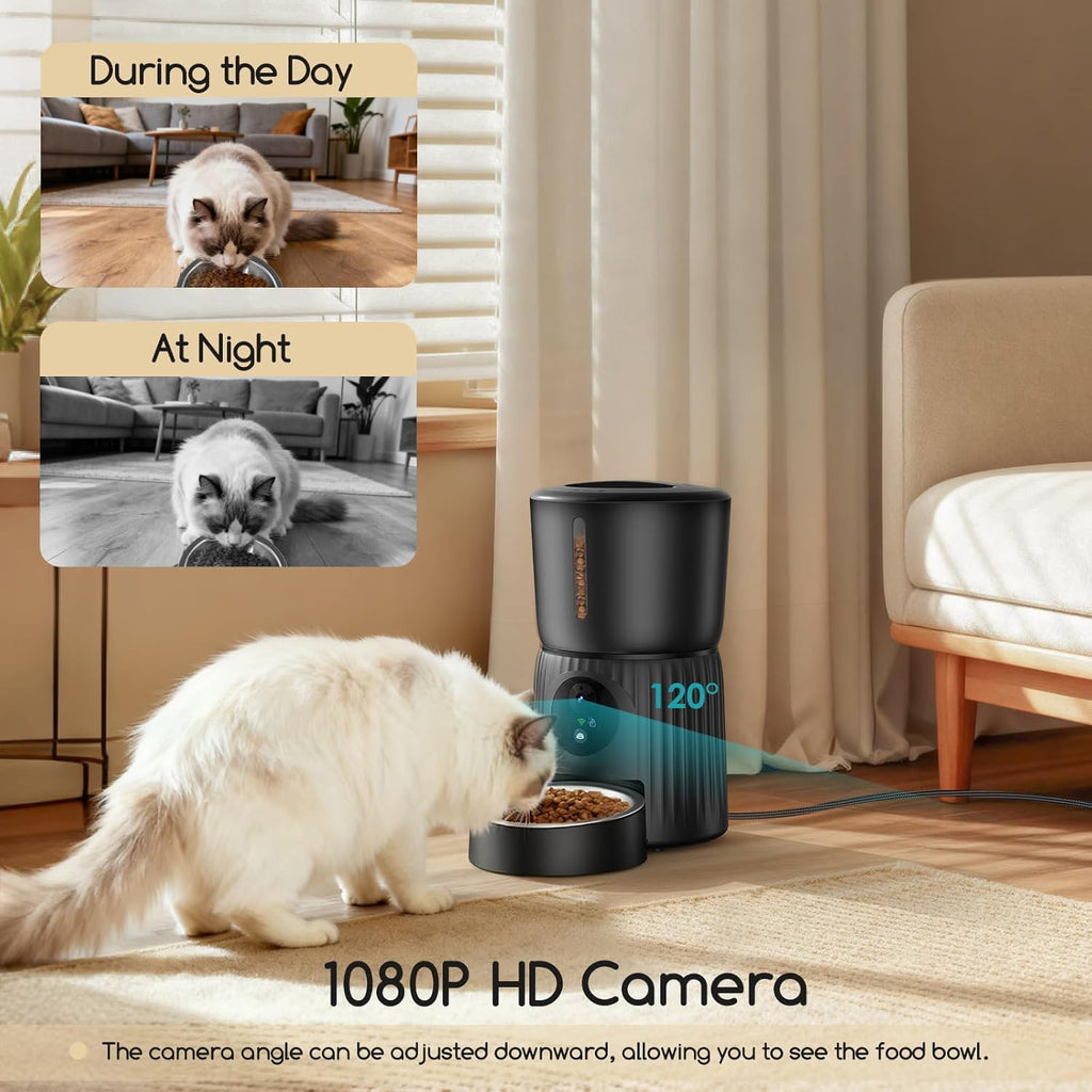 Faroro Automatic Cat Feeder with Camera, 1080P HD Video with Night Vision, 5G WiFi Automatic Dog Feeder with APP Control, 2-Way Audio, Blockage Sensor for Cats or Small Dogs, 4L (Black)