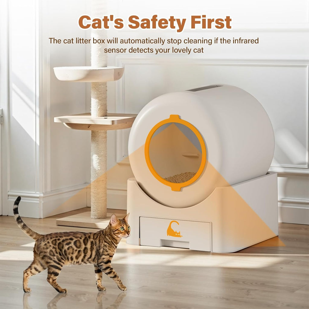 Automatic Self Cleaning Cat Litter Box, 75 L Large Capacity Smart Litter Box with Safety Sensors 1 Roll Trash Bags Included Whisper Quiet Cat Litter Box with App Remote Control for Multi Cats, White