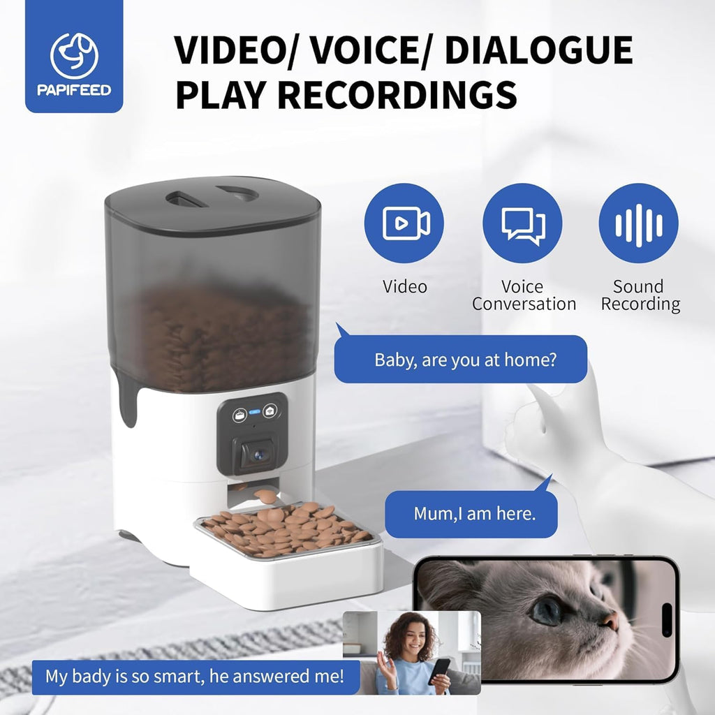 PAPIFEED Automatic Cat Feeder with Camera, ‌Adjustable Angle 2.4G WiFi/App Pet Food Dispenser, 6L Timed Dispenser with Two-Way Audio, Auto Pet Feeder with Mat for Cat & Dog, 1-10 Meals Per Day