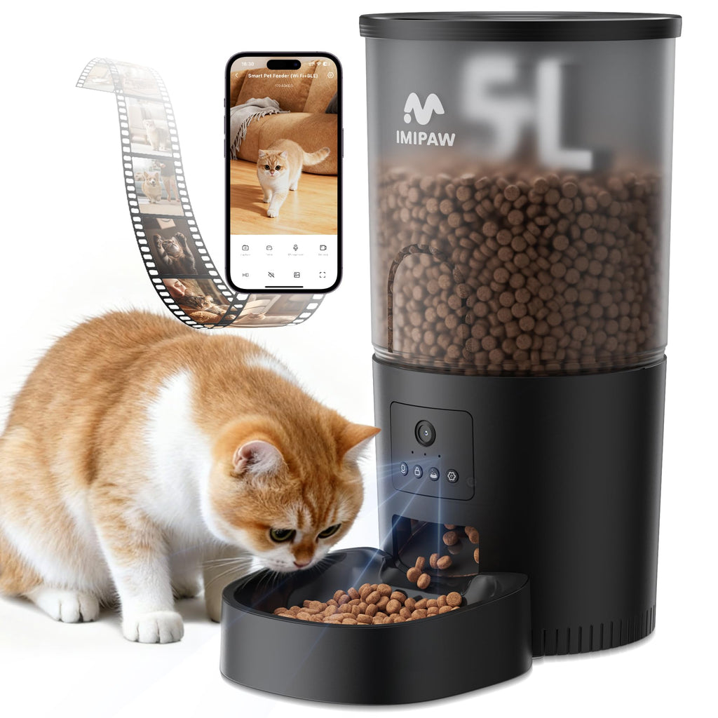 IMIPAW Automatic Cat Feeder with Camera - AI Pet Recognition & Recording, Night Vision, 5G WiFi APP Remote Control, Two-Way Audio & Desiccant Bag, Timed Programmable Food Dispenser for Small Pets
