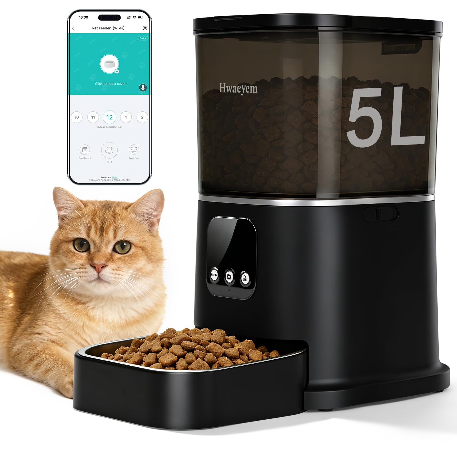 Automatic Cat Feeder with Camera, 5L/28 Cups WiFi Cat Auto Feeder with Two-Way Audio, App Control, Strong Anti-Jam System Smart Timed Cat Feeder with Night Vision for Small Pets Indoor