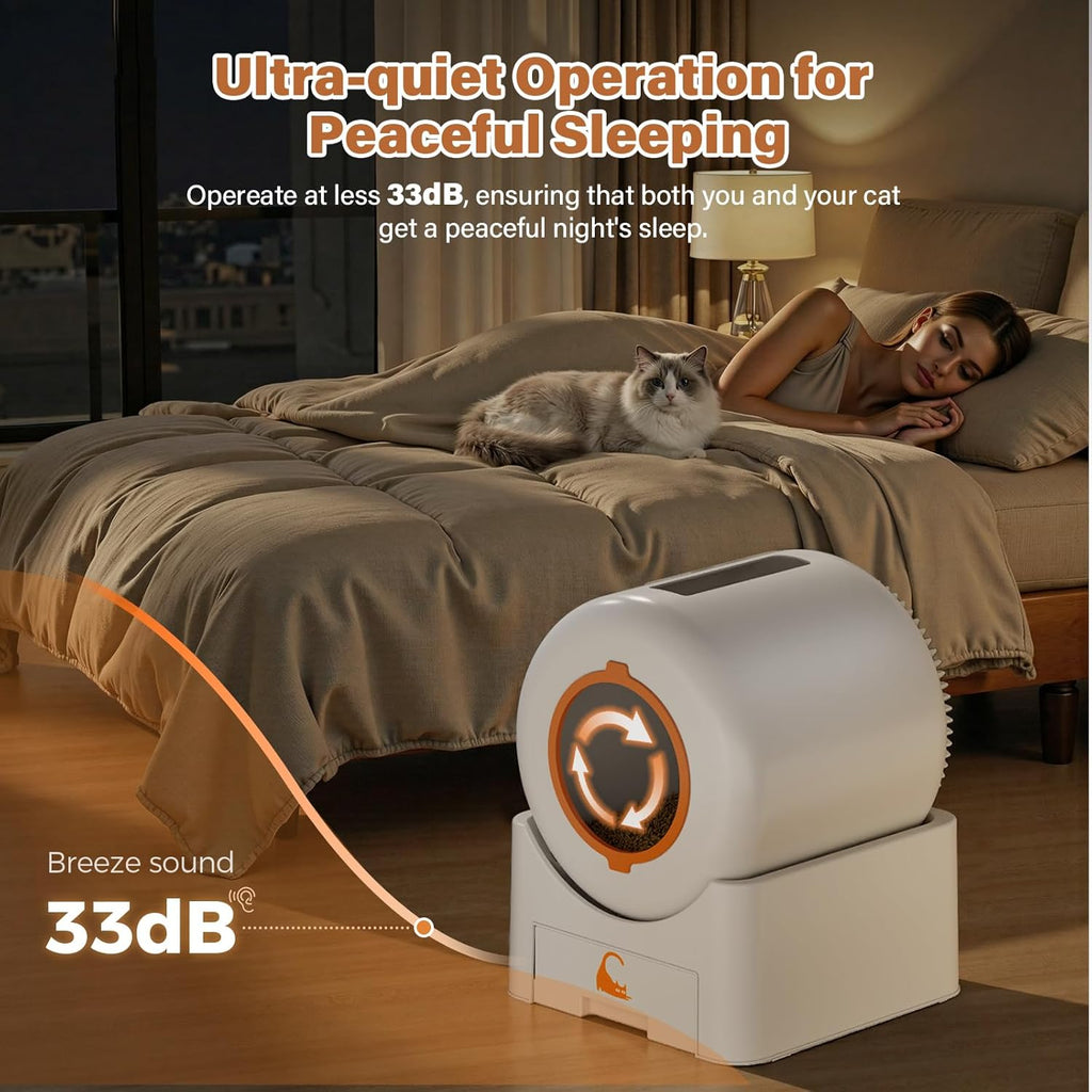 Automatic Self Cleaning Cat Litter Box, 75 L Large Capacity Smart Litter Box with Safety Sensors 1 Roll Trash Bags Included Whisper Quiet Cat Litter Box with App Remote Control for Multi Cats, White