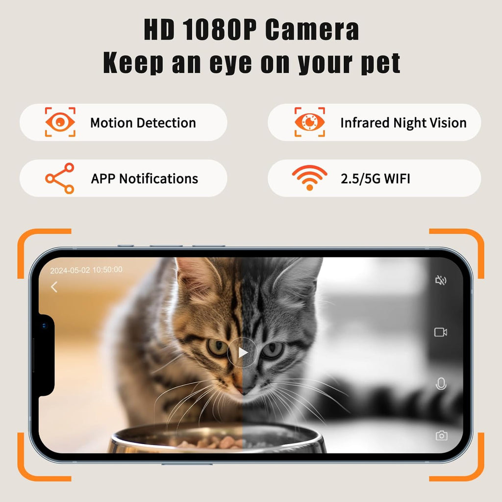 Lychee Automatic Cat Feeder with Camera, 5G WiFi Pet Feeder, 1080P HD Video with Night Vision,2-Way Audio Smart App Control, 2.8L Dry Food Dispenser for Cats and Samll Dog
