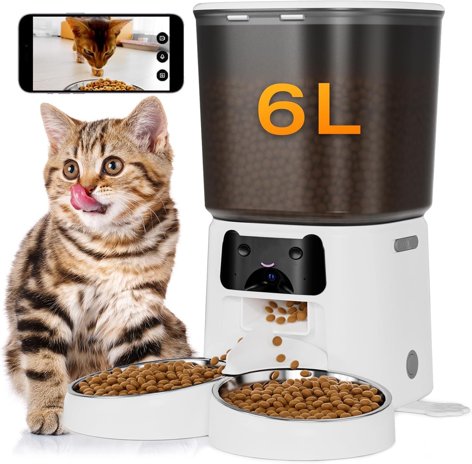 Automatic Cat Feeder with Camera, 4L WiFi Smart Pet Feeder with APP Control, 1080P HD Video,Night Vision,Voice Call, Motion Detection, Dual Power Supply, Supports 5GHz/2.4GHz,for Dogs Cats, Small-Pet