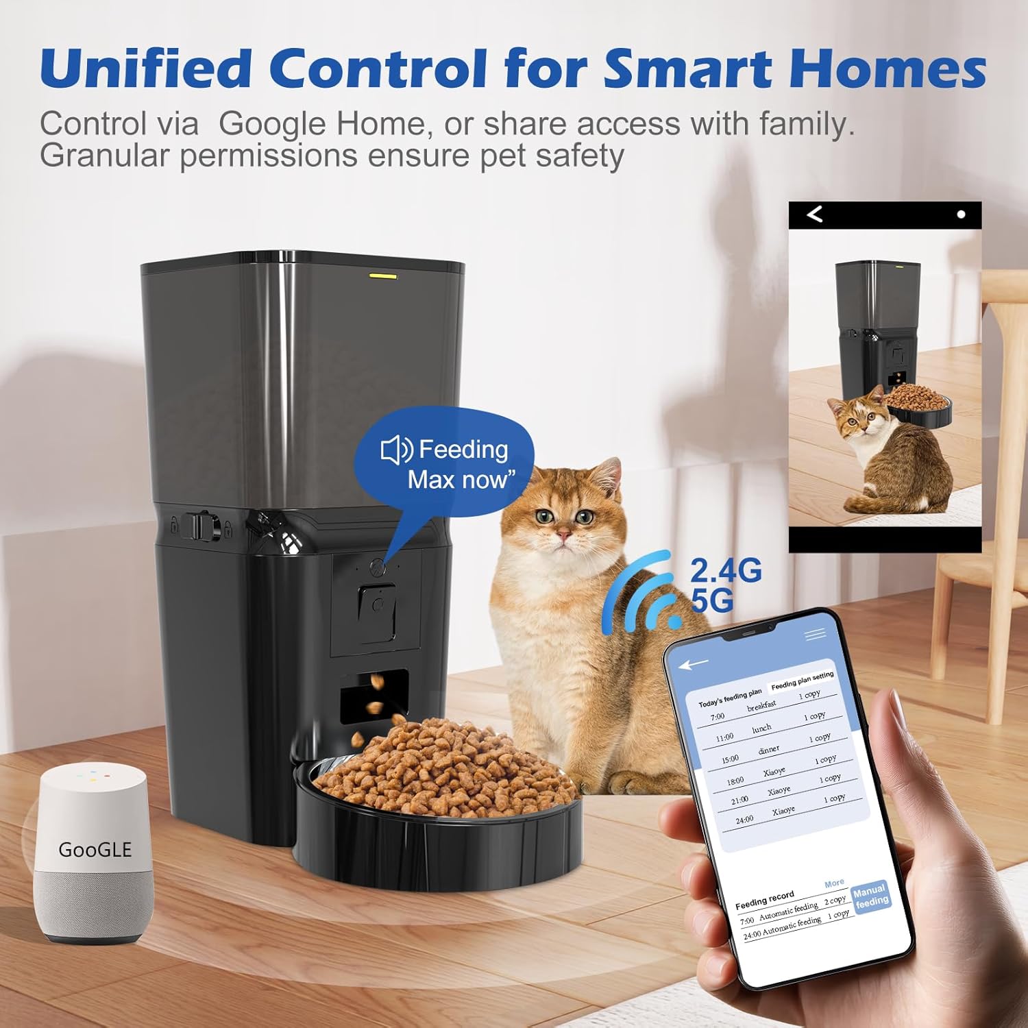 Automatic Cat & Dog Feeder with Camera, 6L Smart WiFi Pet Food Dispenser for Small Pets - Timed Feeding App, Battery Backup, Voice Recorder, Night Vision & Portion Control