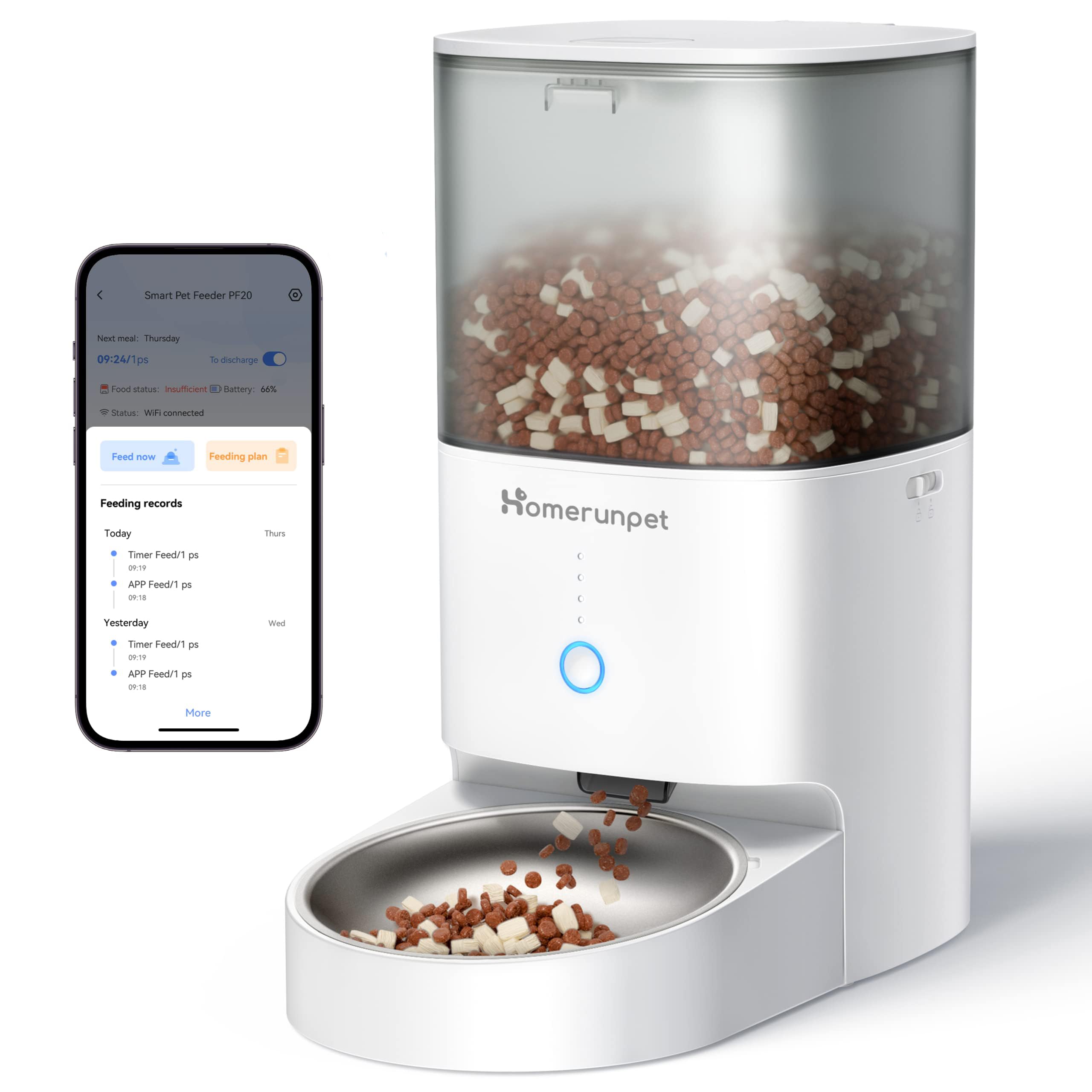 Homerunpet Automatic Cat Feeder - 4L Timed Pet Feeder, No Jam Freeze Dried Safe, WiFi & Bluetooth App Control, 30-Day Freshness for Cats and Small Dogs, Porcelain Bowl