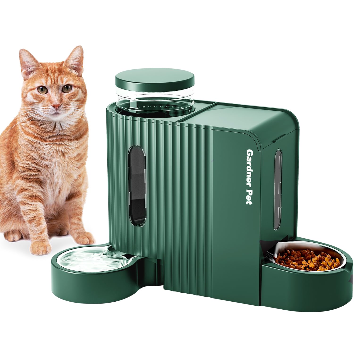Gardner Pet Automatic Gravity Cat Food Feeder and Water Dispenser Stainless Steel Two-in-One Set Large Capacity Dispenser for Pets Dogs, Puppies, Kittens-(0.8 Gallons x 2)