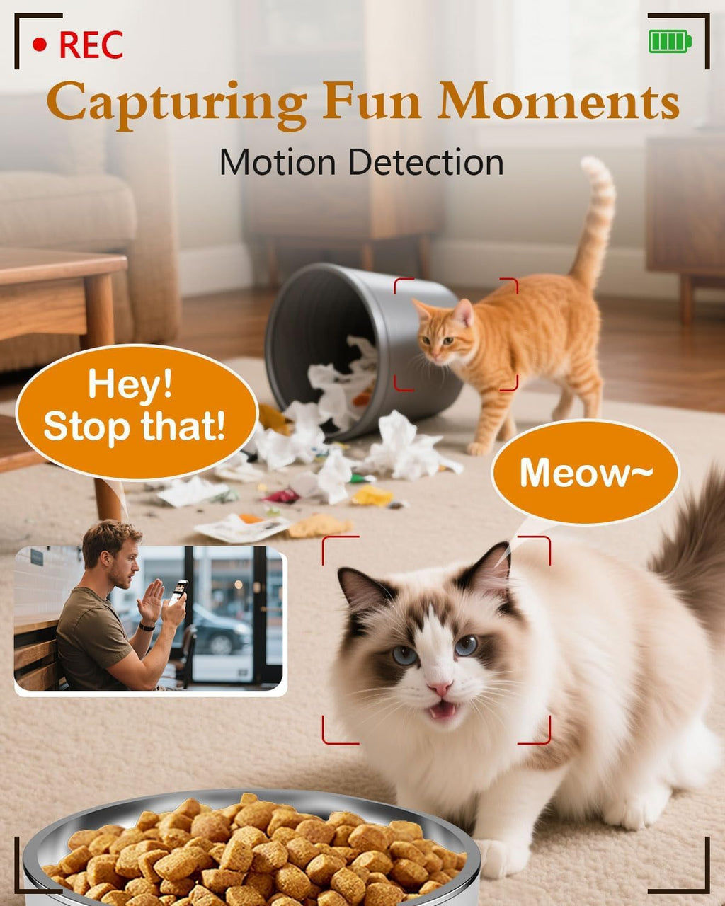 Yakry Automatic Cat Feeder with Camera - 5G WiFi Easy Setup App Control Cat Dry Food Dispenser with Stainless Steel Bowl, 4L/17 Cups, HD 1080P Video with Night Vision for Small Pets Indoor