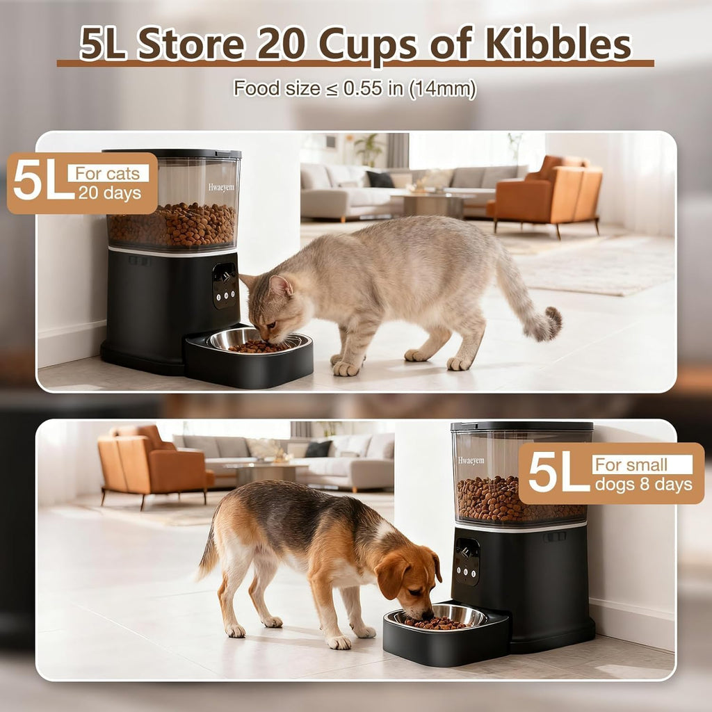 Automatic Cat Feeder with Camera, 5L/28 Cups WiFi Cat Auto Feeder with Two-Way Audio, App Control, Strong Anti-Jam System Smart Timed Cat Feeder with Night Vision for Small Pets Indoor