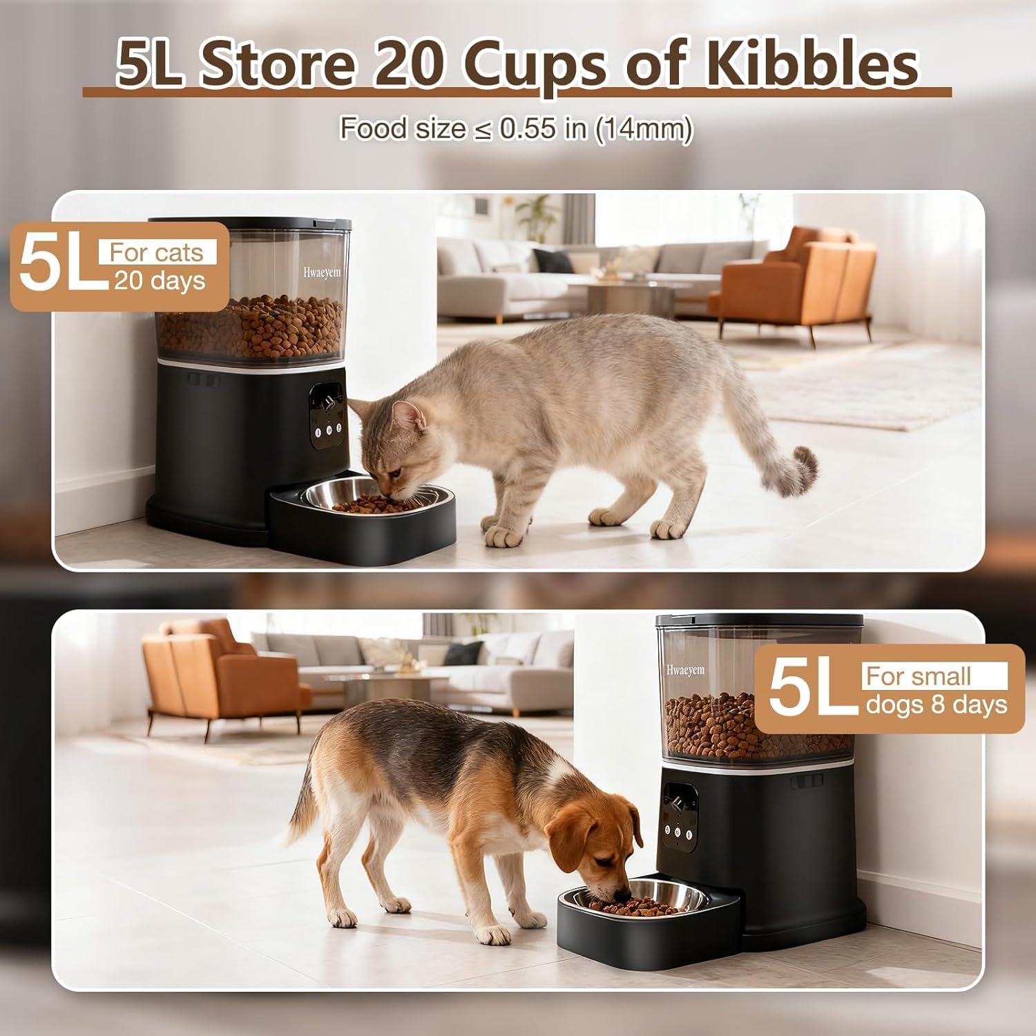 Automatic Cat Feeder with Camera, 5L/28 Cups WiFi Cat Auto Feeder with Two-Way Audio, App Control, Strong Anti-Jam System Smart Timed Cat Feeder with Night Vision for Small Pets Indoor