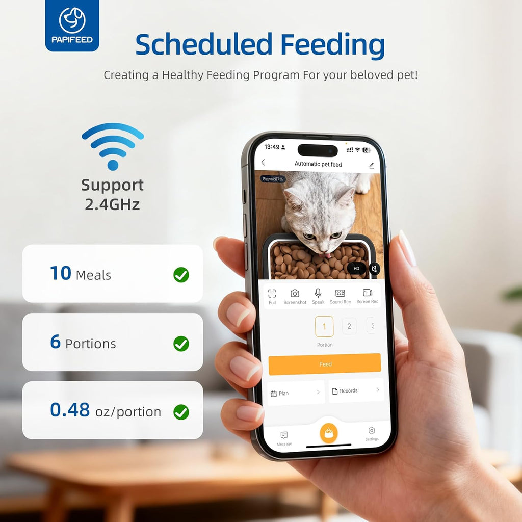PAPIFEED Automatic Cat Feeder with Camera, 6L Cat Food Dispenser with App, 2.4G WiFi Timed Cat Feeder for Dry Food, 2-Way Audio, Smart Pet Feeder for Small Dog, 10 Meals/Day, 12 Portions/Meal