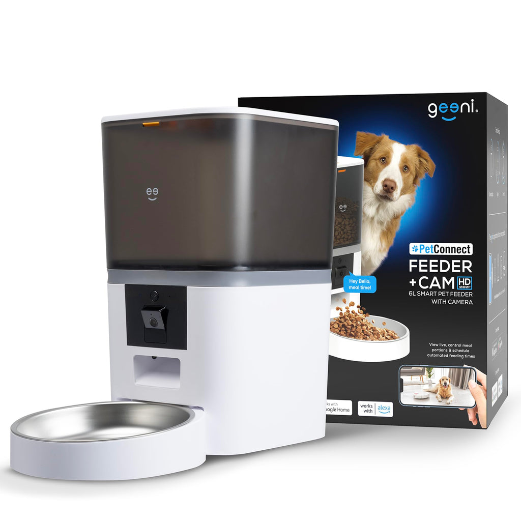 Geeni 6L Smart Pet Feeder - Automatic Cat and Dog Food Dispenser, WiFi Control, Voice Recorder, Battery Backup, Large Capacity, Portion Control - White